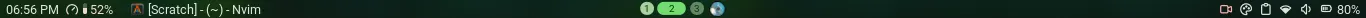The desktop’s top bar, cropped to its height of 18 pixels: the time, CPU use, the focused window’s title, three workspace dots, a tiny spinning record and the status icons.