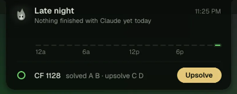Ember’s open card at night, ending in a row for CF 1128 that reads “solved A B · upsolve C D” beside a single Upsolve button