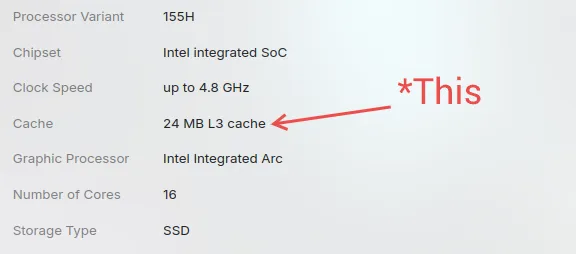 The laptop’s spec sheet, with “24 MB L3 cache” circled