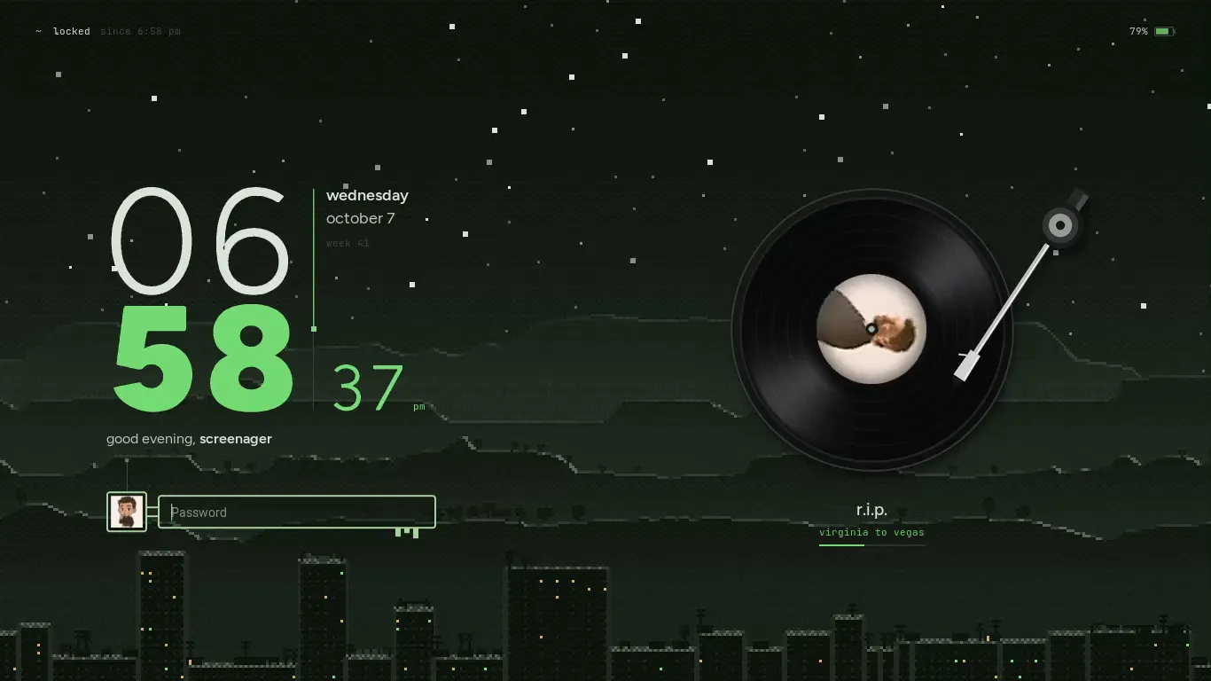 A screen recording of the lock screen arriving. A circle opens from the middle of the desktop onto a pixel-art night: stars, dark ridges and city rooftops along the bottom. On the left a large clock reads 06 58, the seconds rolling beside it, next to Wednesday, October 7, and under it the greeting “good evening, screenager” above a password box drawn as a key, with my cartoon portrait on its bow. On the right a black vinyl record spins under a tonearm, its label the album art of the song playing, r.i.p. by Virginia to Vegas.