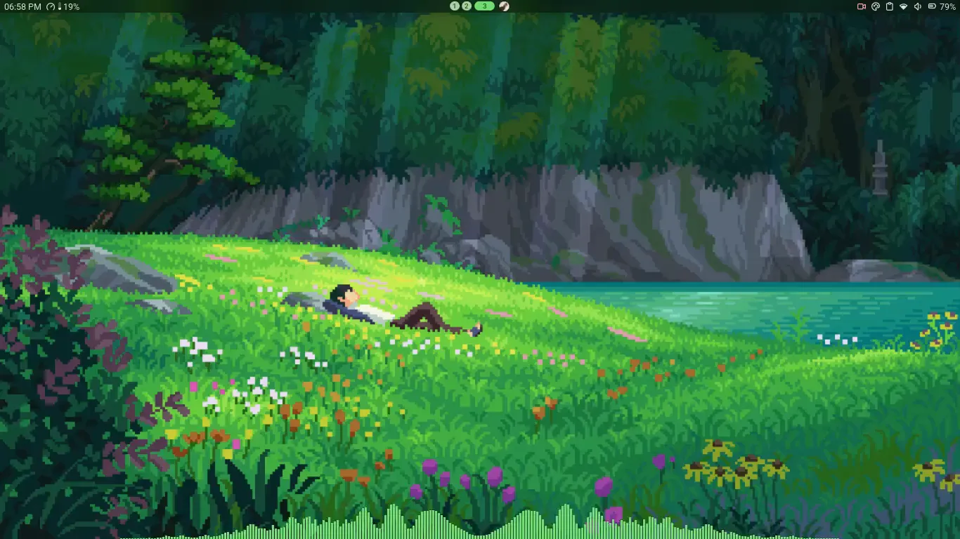A screen recording of the empty desktop: the wallpaper, a pixel-art meadow with a man asleep in the grass by a turquoise lake under a forest, with a thin bar along the top and a row of fine green bars along the bottom edge rising and falling with the music.
