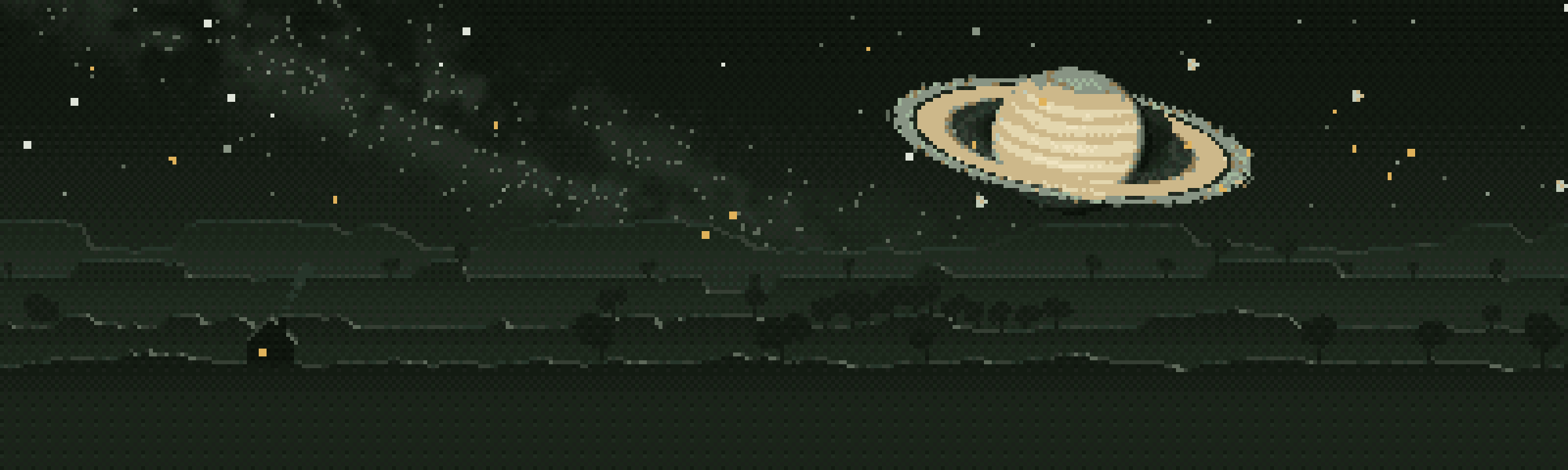 A pixel-art night: a dithered Milky Way, a large ringed Saturn, forested hills and a lit cabin