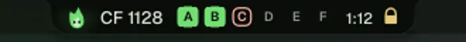 The pill during the round: “CF 1128”, chips A and B filled green, C ringed red, D, E and F empty, “1” left and a padlock