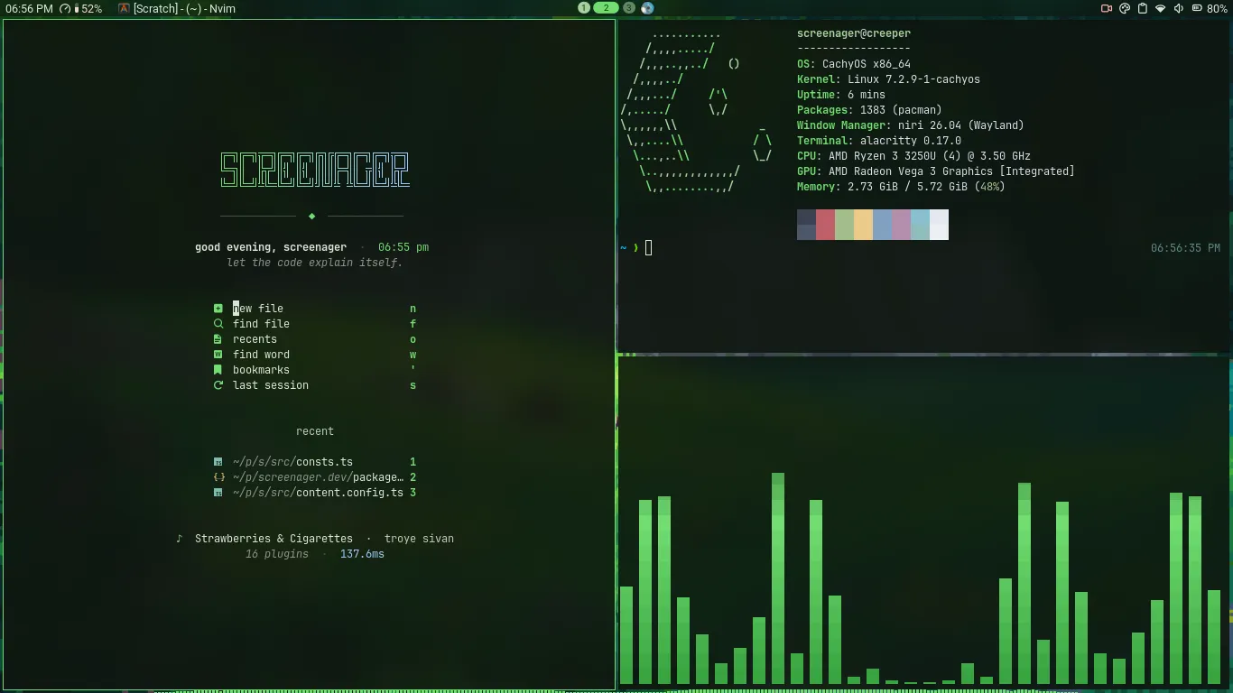 A dark green desktop at 1366 by 768. A thin bar along the top shows the time, 6:56 PM, CPU at 52%, three workspace dots and a tiny record spinning. Below it are three terminal windows with square corners and narrow gaps. On the left, Neovim's start screen: SCREENAGER in outlined letters, the greeting “good evening, screenager”, a menu, three recent files and the song now playing, Strawberries & Cigarettes by Troye Sivan. Top right, fastfetch lists CachyOS, kernel 7.2.9, 1383 packages, niri 26.04, an AMD Ryzen 3 3250U and 5.72 GiB of memory. Bottom right, cava's green bars bounce to the music.