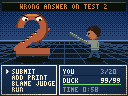 A role-playing game battle screen. A giant red numeral 2 with angry eyes and teeth looms under a banner reading WRONG ANSWER ON TEST 2. Facing it, I hold a keyboard like a sword. The menu offers SUBMIT, ADD PRINT, BLAME JUDGE and RUN. My health is 3 of 20; the duck’s is 99 of 99.