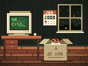 A dark room at night. A beige CRT monitor glows green on a desk, a blinking cursor on its screen. On the floor a baby peers out of a cardboard box whose THIS WAY UP label is upside down. Fireworks go off in the window.