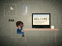 A dark bedroom at night, lit by a code editor in dark mode. Then a white web page reading WELCOME! fills the screen and floods the room with light, and the boy at the desk throws an arm over his eyes. Someone shouts AAA.