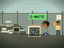 An overcast afternoon at an e-waste yard behind a chain-link fence, a heap of old keyboards, monitors and a printer to one side. I kneel beside a beige CRT, tapping its glass, which crackles with static. A worker in a high-visibility vest holds up a hand, an exclamation mark over their head.
