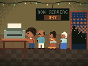 A living room strung with festival lights. A boy reaches for a printer that blinks orange. Behind him a queue waits under a deli-style sign reading NOW SERVING 047: an uncle holding a phone, an aunt with a laptop, a grandmother with a TV remote, and more relatives out of the door.