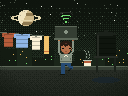 A hostel rooftop at night under a sky with Saturn in it. Washing hangs on a line, a black water tank stands on legs and a cup of noodles steams on the parapet. In the middle I stand on one leg in a grey hoodie, holding a laptop over my head, a wifi signal flickering above it.