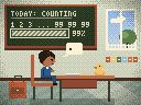 A classroom by day. The chalkboard says TODAY: COUNTING, then 1 2 3 … 99 99 99, above a loading bar stuck at 99%. A small boy in a blue jumper sits at a desk, talking to a yellow rubber duck.