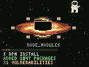 Deep space. A black hole shaped like a folder, labelled NODE_MODULES, swallows cardboard packages into a blazing orange disc while an astronaut floats nearby holding a laptop. A terminal in the corner reads: $ npm install, added 1847 packages, 31 vulnerabilities.