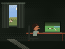 Daytime in a dark room with the curtains drawn. Through a gap between them there's a sunny lawn, a tree and a rabbit hopping to and fro. I sit with my back to the window at a desk, facing a laptop whose screen shows a pixel-art meadow, a lake, and a small man asleep in the grass. A stripe of daylight lies across the floor behind me.